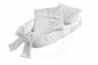 Gniazdko kokon z poduszką i kocykiem niemowlęcy VELVET BIAŁY kokarda