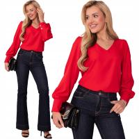 DILETTA Elegancka Klasyczna BLUZKA W Serek Bufiaste Rękawy Guziki Czerwień