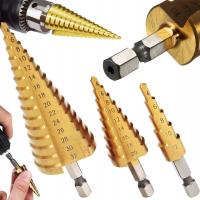 Zestaw 3 sztuki WIERTŁO WIERTŁA STOPNIOWE STOŻKOWE Do metalu Drewna HEX