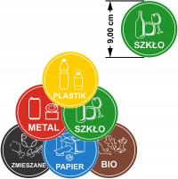 Naklejki KOLOROWE na KOSZE NA ŚMIECI DO SEGREGACJI Odpady | ZESTAW 6 sztuk