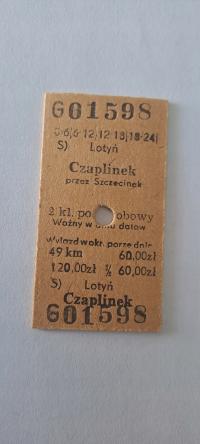 BILET KARTONIKOWY KOLEJOWY PKP LOTYŃ - CZAPLINEK / SZCZECINEK