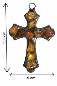 Ręcznie wykonany krzyż witrażowy z naturalnym bursztynem na ścianę