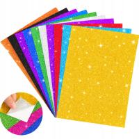 PAPIER kolorowy BROKATOWY 10 sztuk A4 tektura z klejem - SAMOPRZYLEPNY
