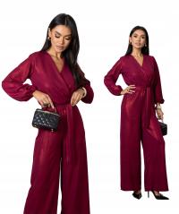 UNIWERSALNY KOMBINEZON DAMSKI SZEROKIE NOGAWKI POŁYSKUJĄCY OVERSIZE BORDO