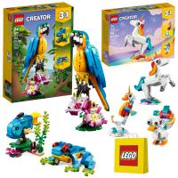 LEGO Creator 3W1 Egzotyczna papuga 31136 + Magiczny Jednorożec 31140 +Torba