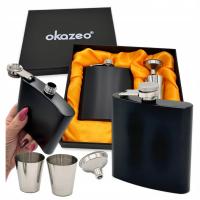 Stalowa piersiówka czarna z kieliszkami lejkiem w eleganckim pudełku