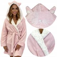Ciepły Puszysty Miękki Polarowy Szlafrok Damski Podomka Uszy Buny Różowy