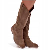 KOZAKI KOWBOJKI EKO ZAMSZ WSUWANE DAMSKIE NISKI OBCAS CIEMNOBEŻOWE