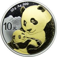 Chiny, 10 yuan 2019, Panda, 30 g, Ag999, złocona, st. 1