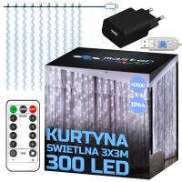 LAMPKI CHOINKOWE KURTYNA ŚWIETLNA GIRLANDA 300 LED ZIMNE 3m USB ŚWIĄTECZNE
