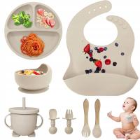 Silikonowy Zestaw Sztućców Niemowląt Łyżka Widelec Miska Śliniaczek Talerz