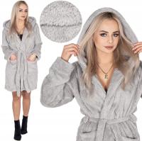 Szlafrok damski Springos szary z kapturem wiązany długi rękaw