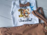 Komplet na roczek rok chłopiec karmelowy miś z balonikami moje 1 urodzinki