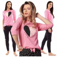 Piżama Damska Dwuczęściowa Długi Rękaw Ciepła 100% Bawełna Serca Różowa
