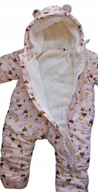 Ocieplany kombiznezon dziecięcy w sarenki Pudrowy róż kaptur 50/56