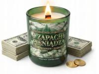 ŚWIECA O ZAPACHU PIENIĘDZY PIENIĄDZA PREZENT SOJOWA DREWNIANY KNOT PORZĄDNA