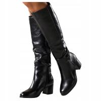 KOZAKI Czarne Damskie WYGODNE Obcas Słupek ELEGANCKIE Przed Kolano