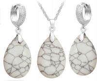 Srebrny komplet biżuterii ślubny biały marmurkowy kamień srebrzony prezent