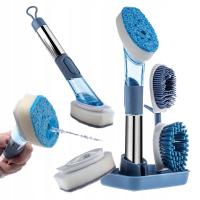 ZMYWAK GĄBKA DO MYCIA NACZYŃ DOZOWNIK PŁYNU Z RĄCZKĄ ZESTAW 4 SZCZOTEK