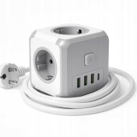 Przedłużacz USB KOSTKA 3-gniazda 3m Rozgałęźnik wyłącznik + 4xUSB szary