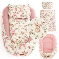 Duży kokon niemowlęcy Velvet zestaw KRÓLICZKI RÓŻYCZKI różowy home&baby