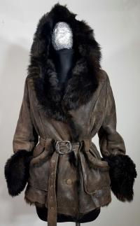 Naturalny kożuch CRISTO PELLI toskanzimny brąz lekki długi włos kaptur M L