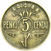 + Litwa - 5 Centai Centów 1925 - KOŃ POGOŃ - STAN !