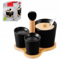 Czarna cukiernica z solniczką i pieprzniczką na podstawie bambusowej Florin