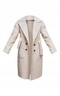 KREMOWY PŁASZCZ DWURZĘDOWY EKO SKÓRA KOŻUSZEK PRETTYLITTLETHING 34