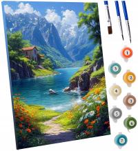 OBRAZ DO MALOWANIA PO NUMERACH NA RAMIE GÓRY + FARBY + 3 PĘDZLE OBRAZY