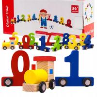 POCIĄG DREWNIANY KOLEJKA CIUCHCIA WAGONY Z CYFERKAMI CYFRY LOKOMOTYWA NAUKA