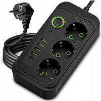 PRZEDŁUŻACZ LISTWA ZASILAJĄCA 2M 3 GNIAZDA 250V + 5x USB WŁĄCZNIK ŁADOWARKA