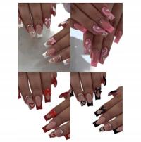 4x SZTUCZNE PAZNOKCIE TIPSY DŁUGIE KWADRATY OZDOBY KOKARDKI FRENCH CYRKONIE