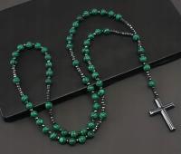 Элегантные четки из натурального камня и гематита Малахит зеленый 75 см