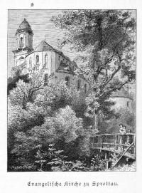 Szprotawa. Zbor ewangelicki. Evangelische Kirche zu Sprottau drzeworyt 1889