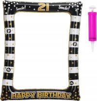 Zestaw Ramka Dmuchana Czarna Złota Pompka Zdjęcia do Fotobudki Urodziny 21
