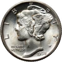 USA, dime 1938 D, Denver, Mercury Head Dime, rzadszy rocznik