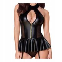 Латексное платье черные мини трусики подвязки ремни эротическое нижнее белье