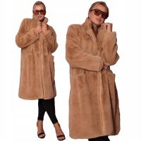 MAURA Eleganckie Klasyczne Luźne FUTRO Futrzany PŁASZCZ Przeszycia Karmel