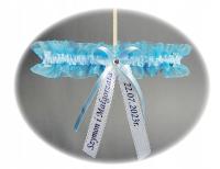 Свадебная подвязка атласная синяя с кристаллами и бантом имена и дата