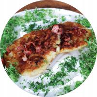 Deruny ziemniaczanie z serem i boczkiem (2 porcje)