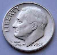 USA - 10 CENTÓW ONE DIME LIBERTY 1958 r. D - Roosevelt - srebro Ag