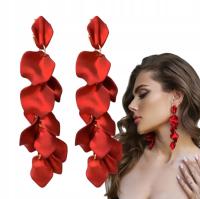 Kolczyki długie wiszące czerwone złote akrylowe płatki lekkie listki boho