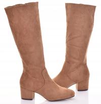 МОДНЫЕ ЖЕНСКИЕ ЗАМШЕВЫЕ САПОГИ НА КАБЛУКЕ КОРИЧНЕВЫЕ ДО КОЛЕНА ЭЛЕГАНТНЫЕ