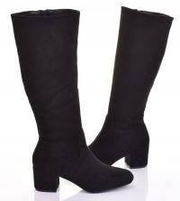 Modne damskie kozaki zamszowe na obcasie czarne przed kolano eleganckie