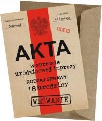 Zaproszenia urodzinowe 18 urodziny AKTA osiemnastkę + EKO koperta gratis