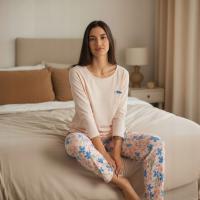 Piżama Damska Dwuczęściowa Bawełniana Długa Rękaw 3/4 w Kwiaty Wygodna