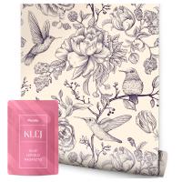 ОБОИ В РУЛОНЕ ДЛЯ СПАЛЬНИ ПТИЦЫ КОЛИБРИ ЦВЕТЫ ПИОНЫ ПРИРОДА ВИНТАЖНЫЙ СТИЛЬ