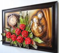 Duży obraz z płaskorzeźbą Świętej Rodziny + zegar PREZENT ślub JUBILEUSZ