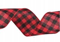 WSTĄŻKA DEKORACYJNA W KRATKĘ CZERWONA TASIEMKA OZDOBNA z DRUTEM USZTYWNIANA